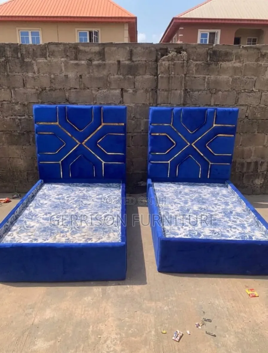 4x6 Royal Blue Luxury Geometric Gold Trim Velvet Bed Frame