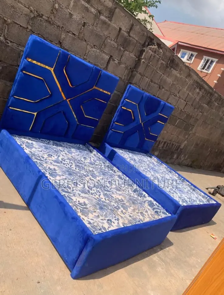 4x6 Royal Blue Luxury Geometric Gold Trim Velvet Bed Frame
