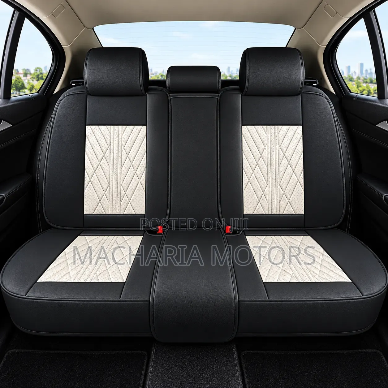 Biege Black 5 Seater Seat Covers With Neck Pillows