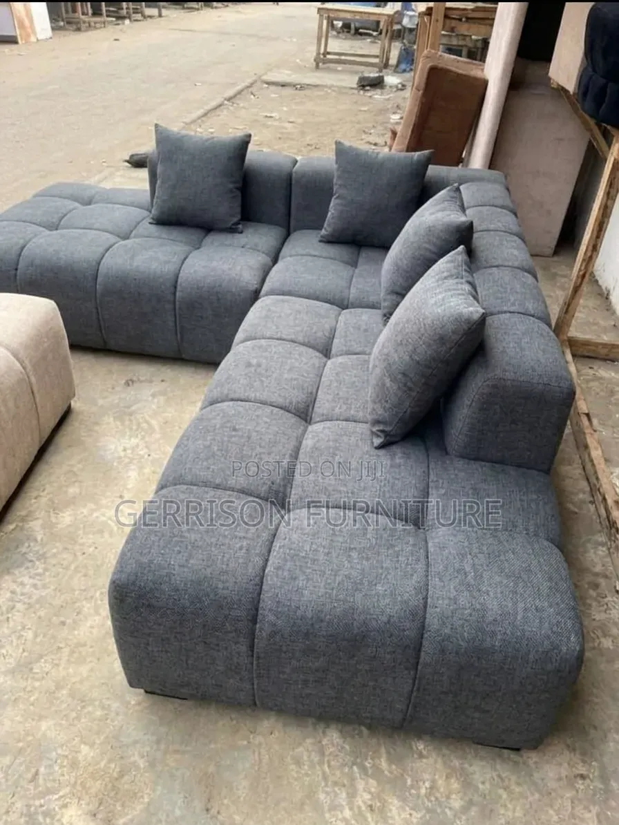 Premium 5-Seater Charcoal Grey Block-Tufted L-Shaped Sectional Sofa