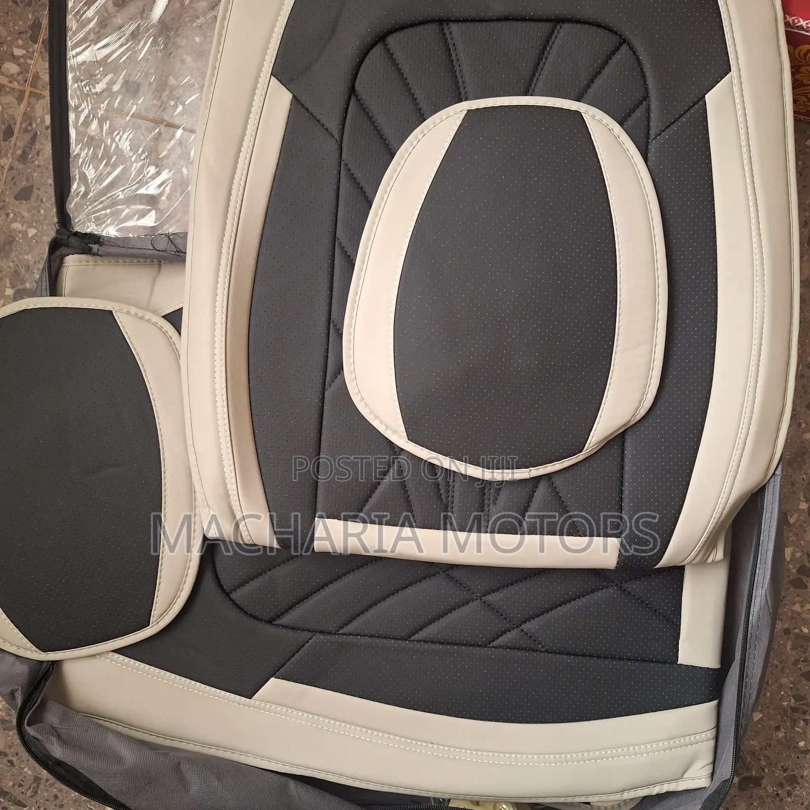 Biege Navy Blue Synthetic Leather 5 Seater Covers