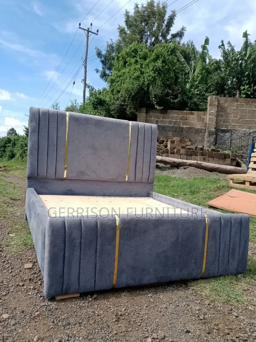 Custom 5x6 Grey Velvet Bed Frame With Elegant Gold Trimming