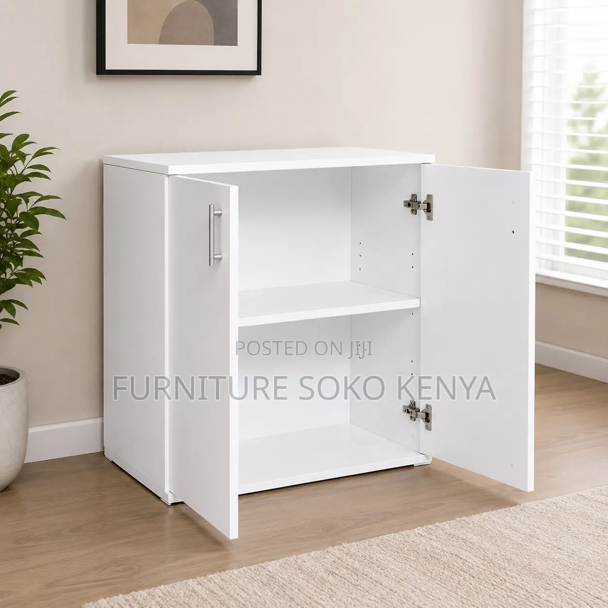 White Dual Doors Wooden Credenza | Executive Office Cabinet