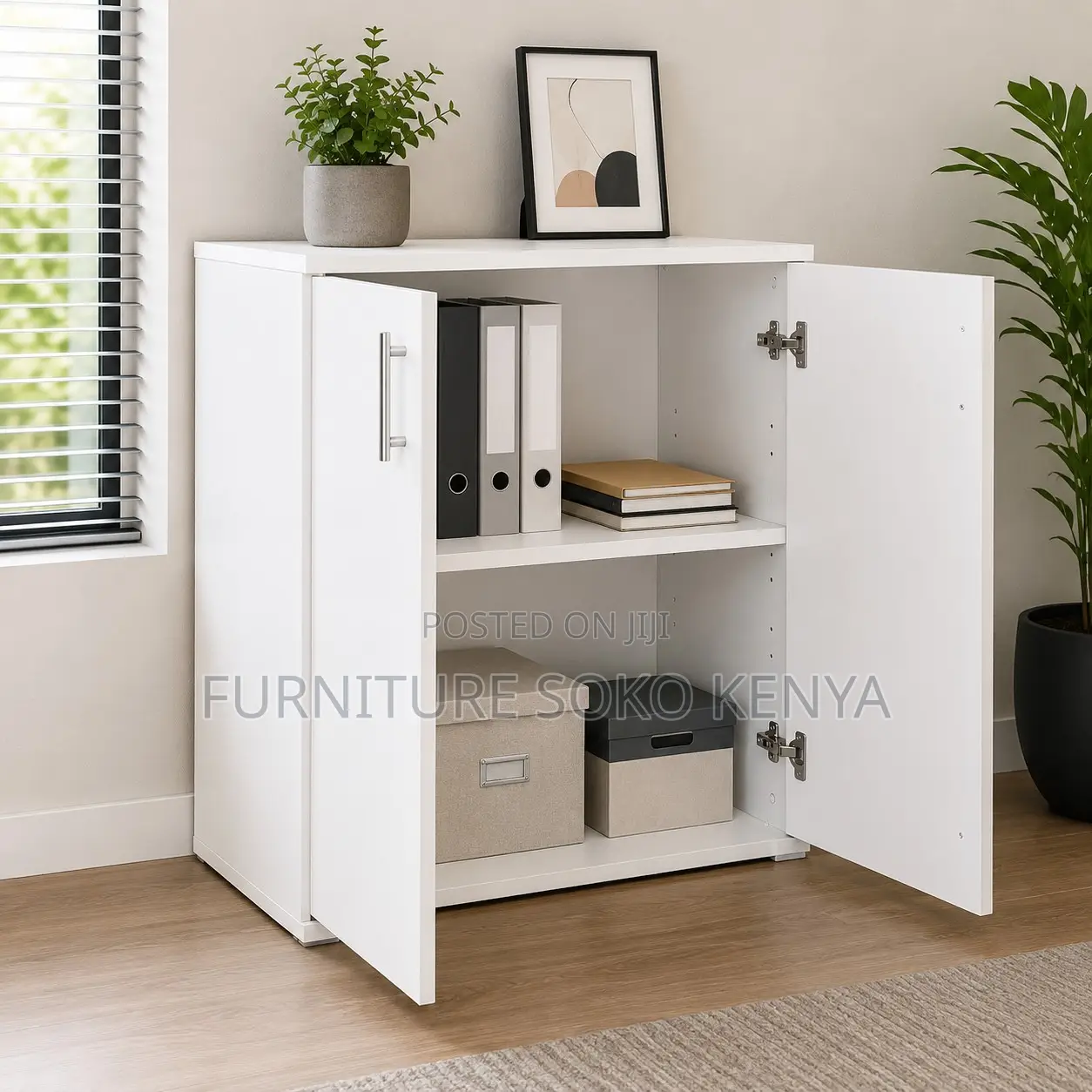 White Dual Doors Wooden Credenza | Executive Office Cabinet