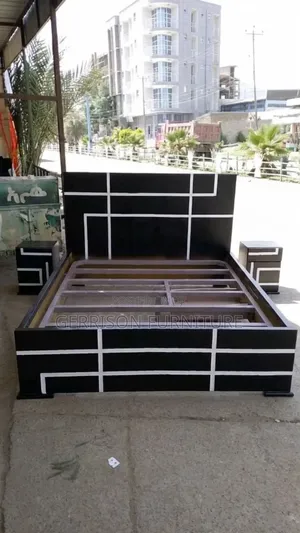 5x6 Black Geometric Wooden Bed Frame + 2 Matching Nightstands