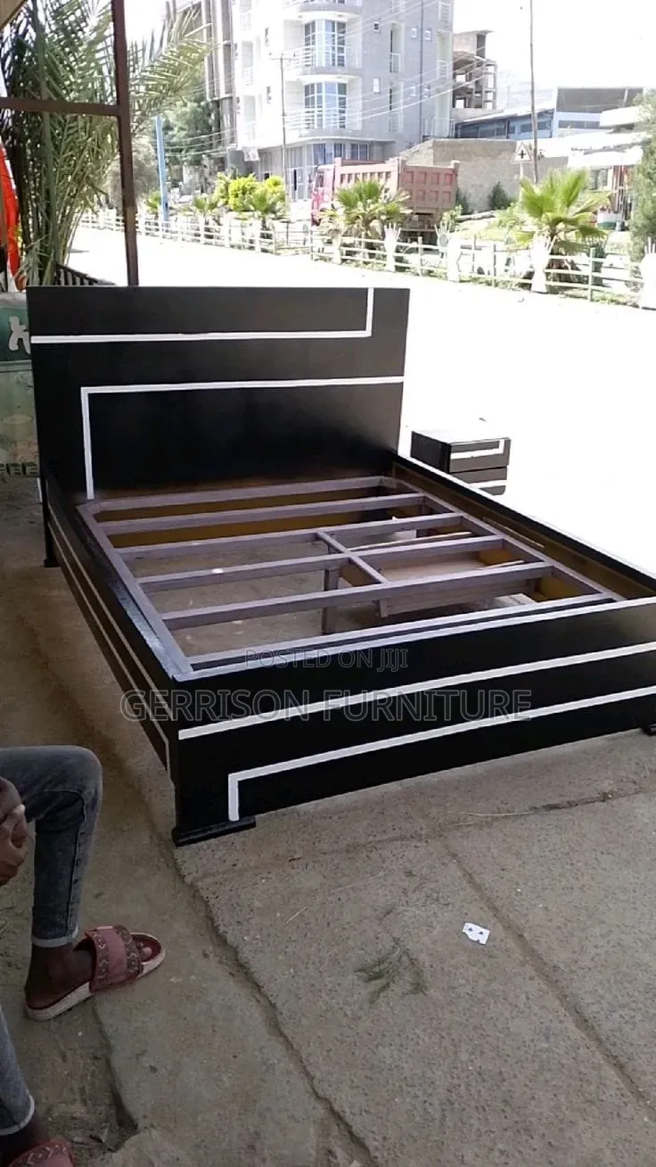 5x6 Black Geometric Wooden Bed Frame + 2 Matching Nightstands