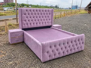 Luxury 5x6 Purple Velvet Tufted Bed Set + 2 Bedside Cabinets