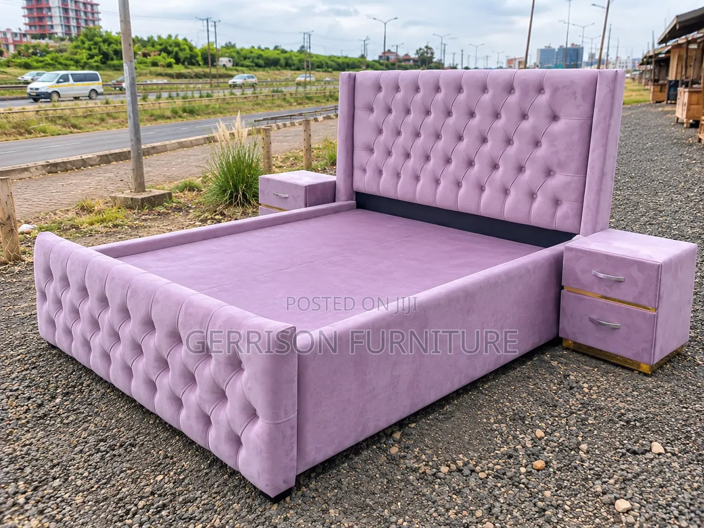 Luxury 5x6 Purple Velvet Tufted Bed Set + 2 Bedside Cabinets