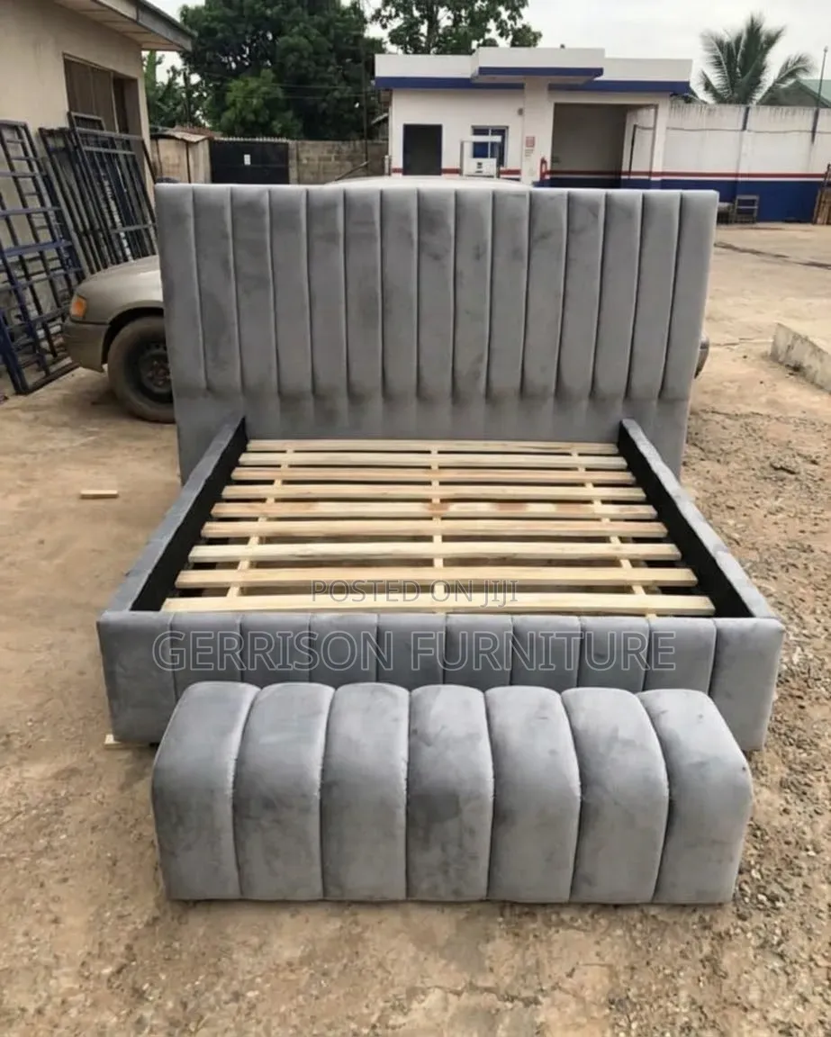 Luxury Grey Velvet ChannelTufted Bed Frame With Matching Ottoman Bench
