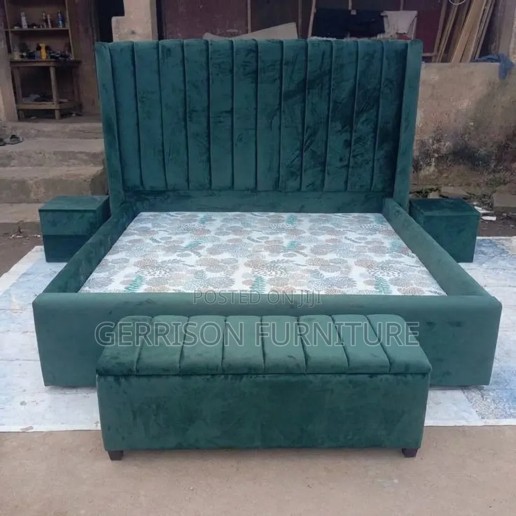 5x6 Luxury Green Velvet Bed Frame + Storage Bench + 2 Nightstands