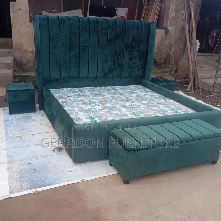 5x6 Luxury Green Velvet Bed Frame + Storage Bench + 2 Nightstands