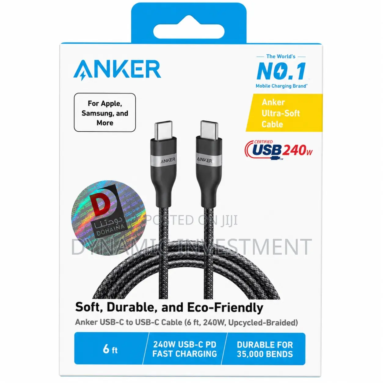 Anker 240W Ultra-Soft USB-C to USB-C Fast Charging Braided Cable 6ft