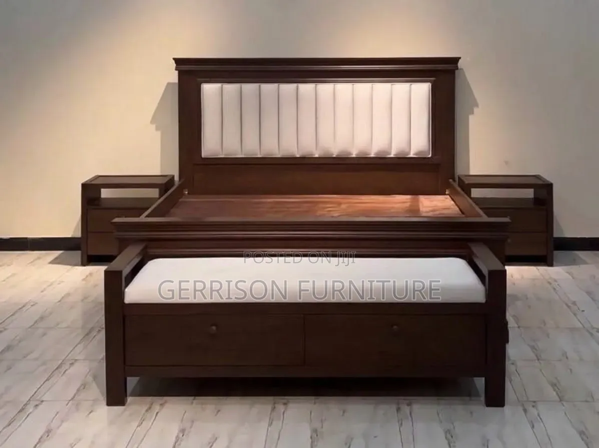 5x6 Luxury Dark Wood Bed Set + Padded Headboard, Bench & 2 Nightstands