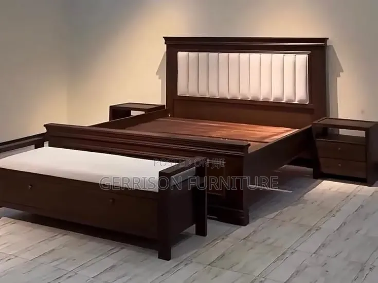 5x6 Luxury Dark Wood Bed Set + Padded Headboard, Bench & 2 Nightstands