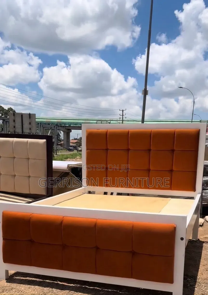 Custom 5x6 White Wooden Bed With Tan Orange Block Tufting (Brand New)