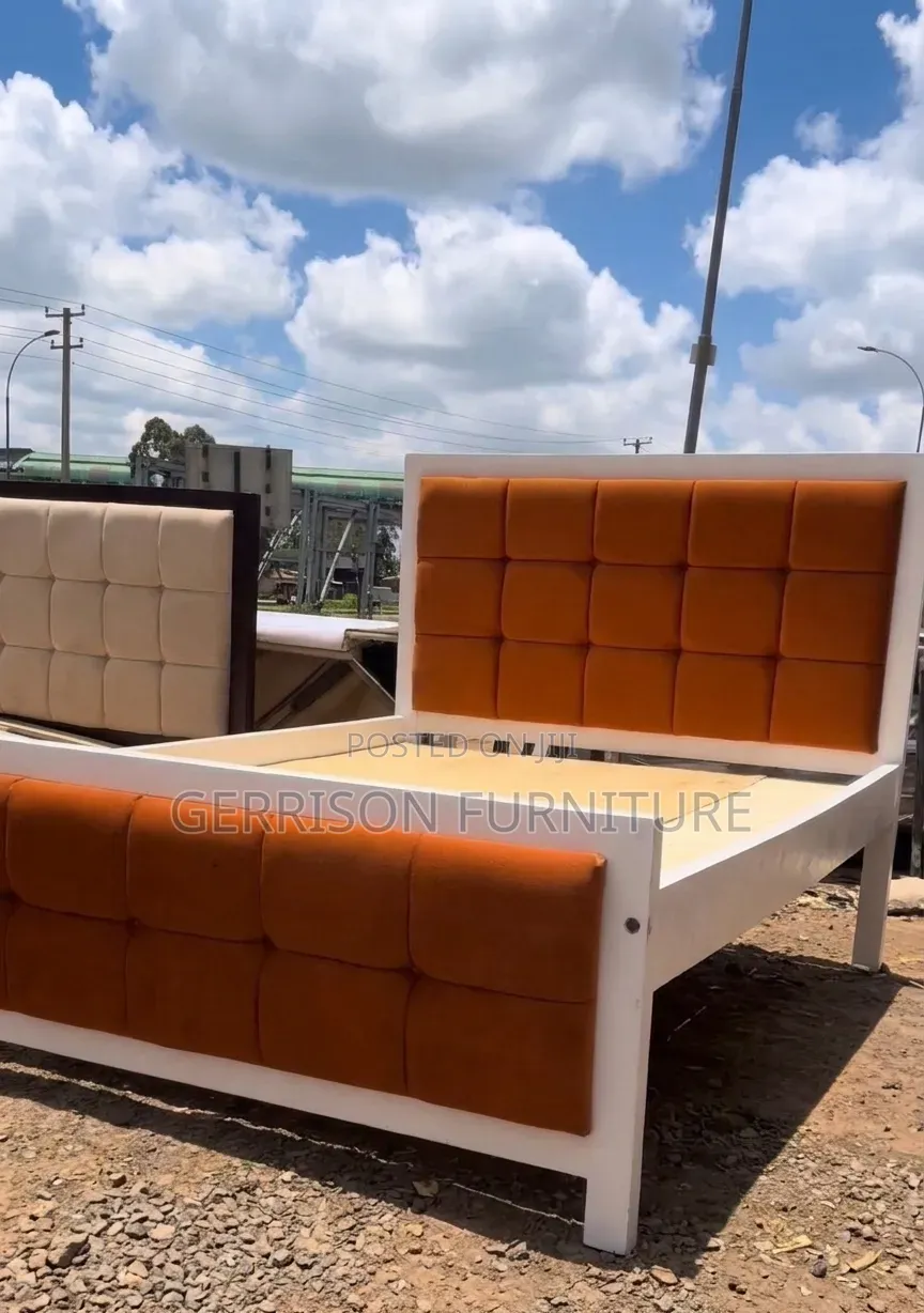 Custom 5x6 White Wooden Bed With Tan Orange Block Tufting (Brand New)