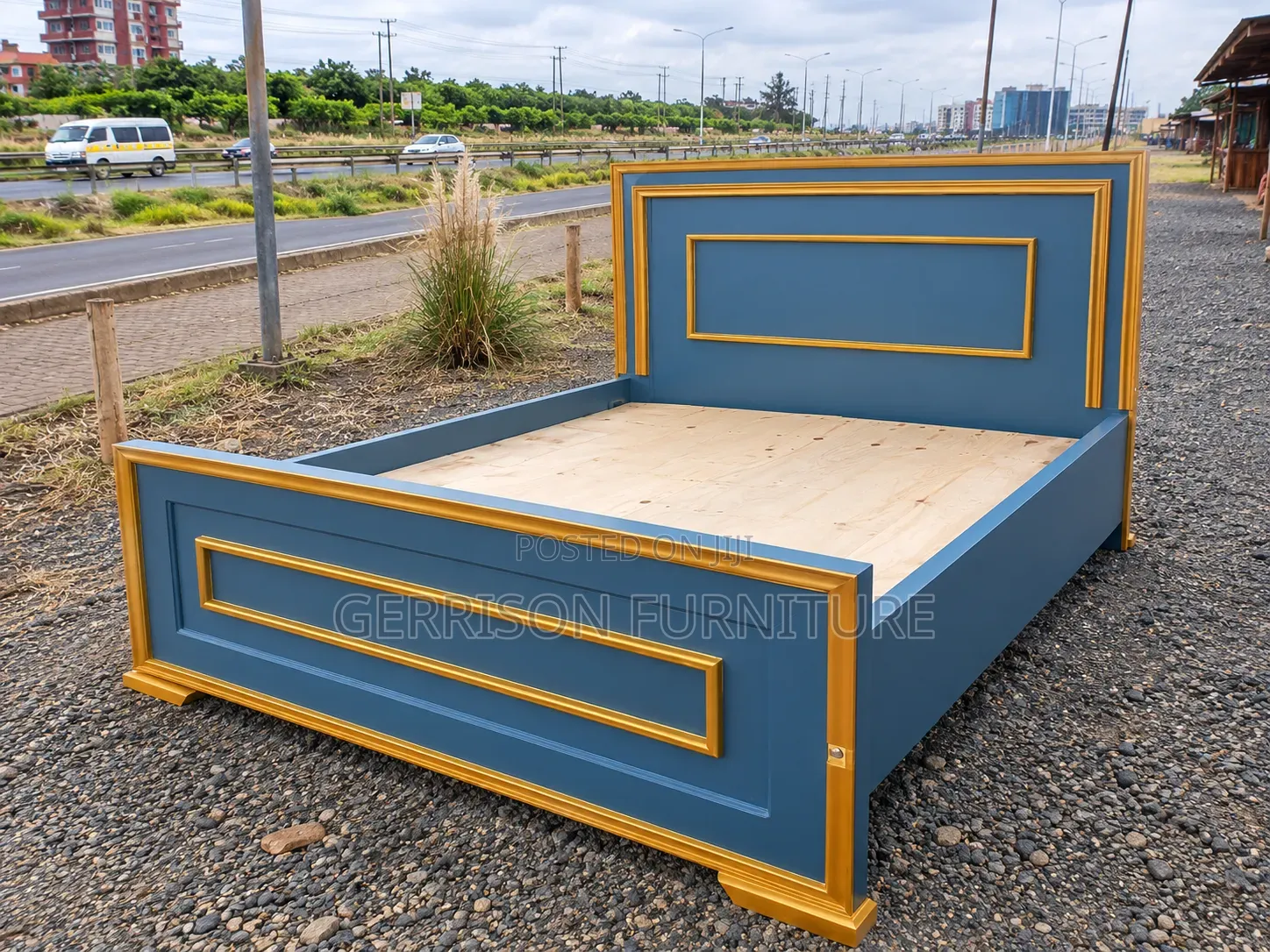 Custom 5x6 Slate Grey Wooden Bed Frame With Bold Gold Trim