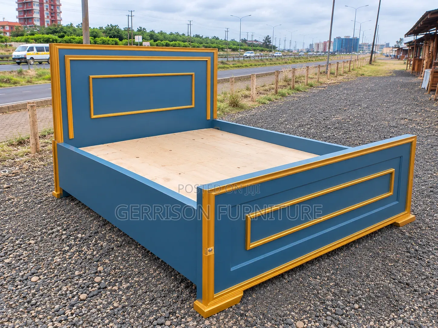 Custom 5x6 Slate Grey Wooden Bed Frame With Bold Gold Trim