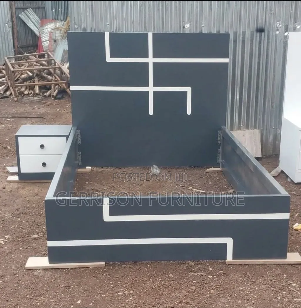 Contemporary Charcoal Grey Board Bed Frame + Nightstand