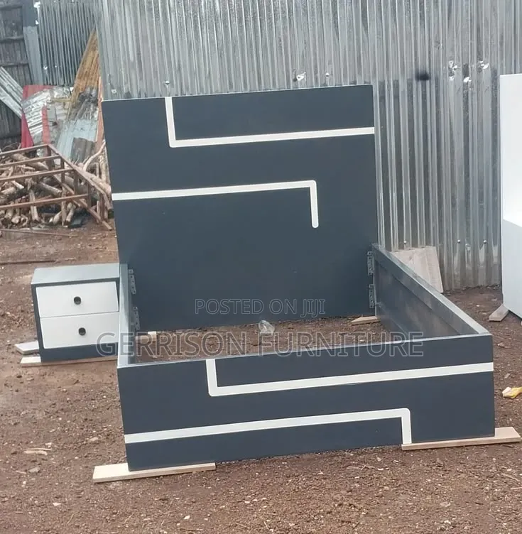 Contemporary Charcoal Grey Board Bed Frame + Nightstand