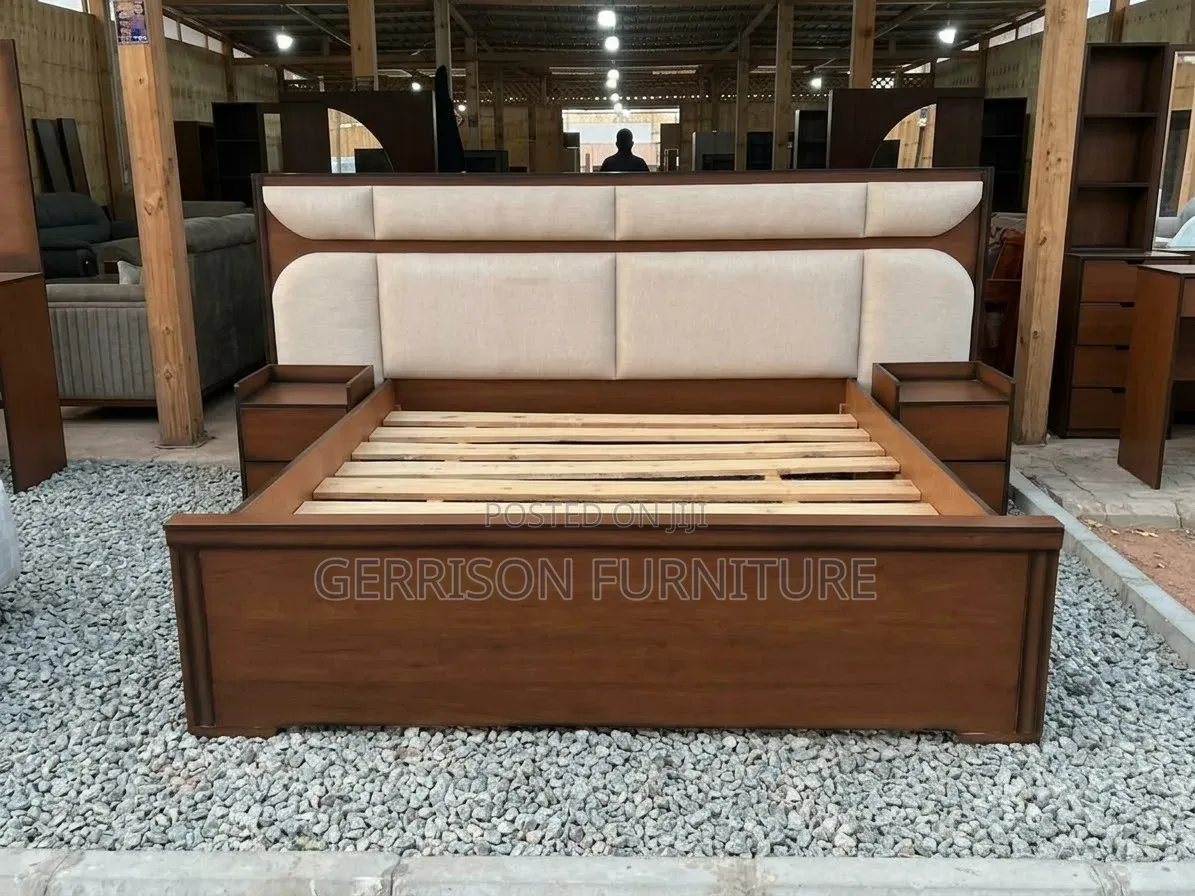 Modern Hardwood Bed Set + Attached Bedside Tables