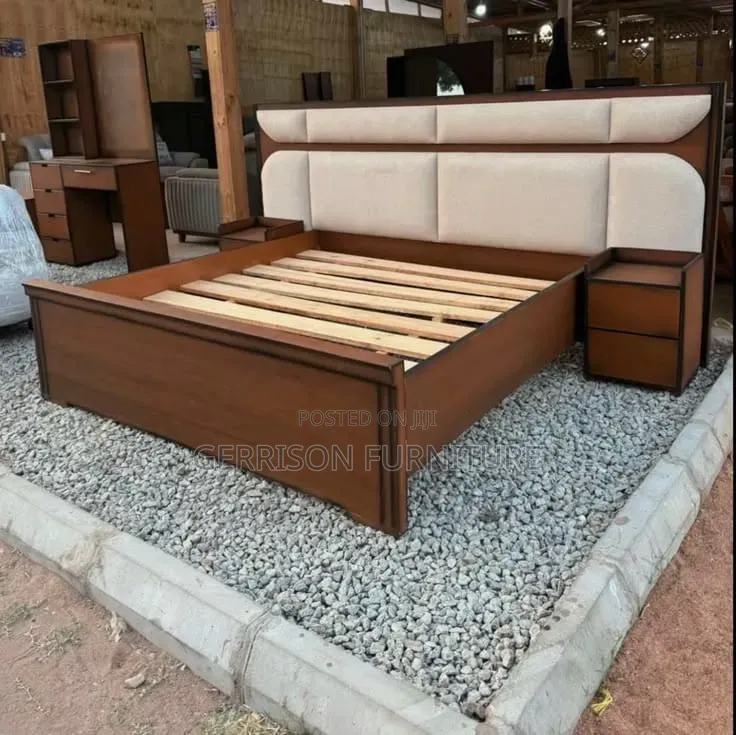Modern Hardwood Bed Set + Attached Bedside Tables