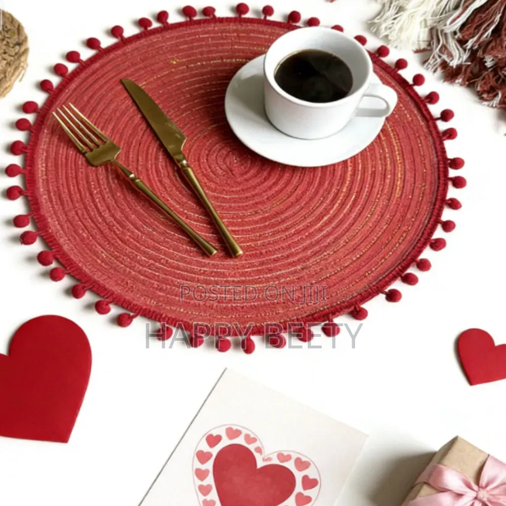 *Red Pompom Placemat Cute Woven Table Mats Kitchen Coffee Decor