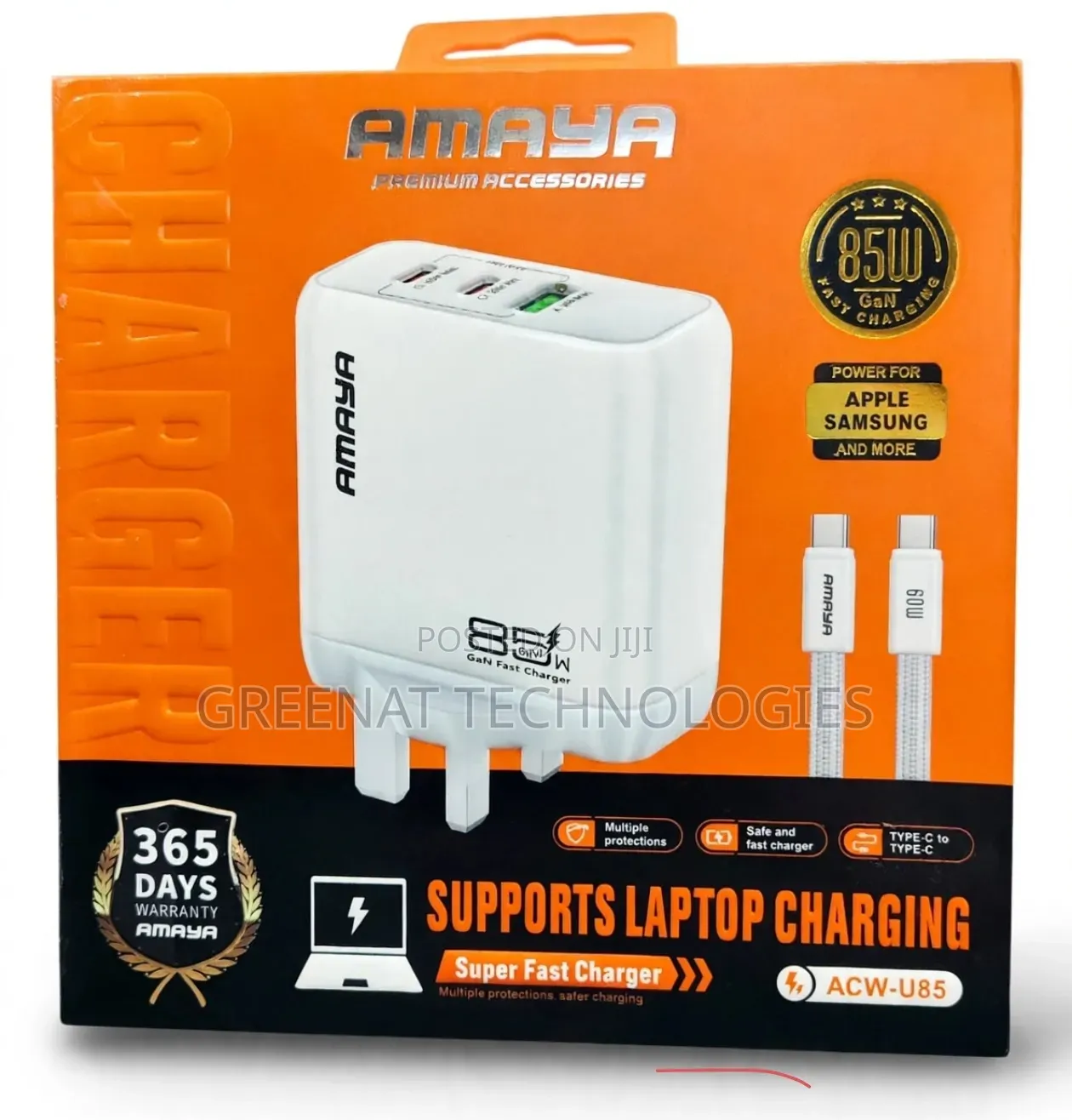 AMAYA 85W GaN Fast Charger 3 Port Laptop Charging 60W Type-C Cable