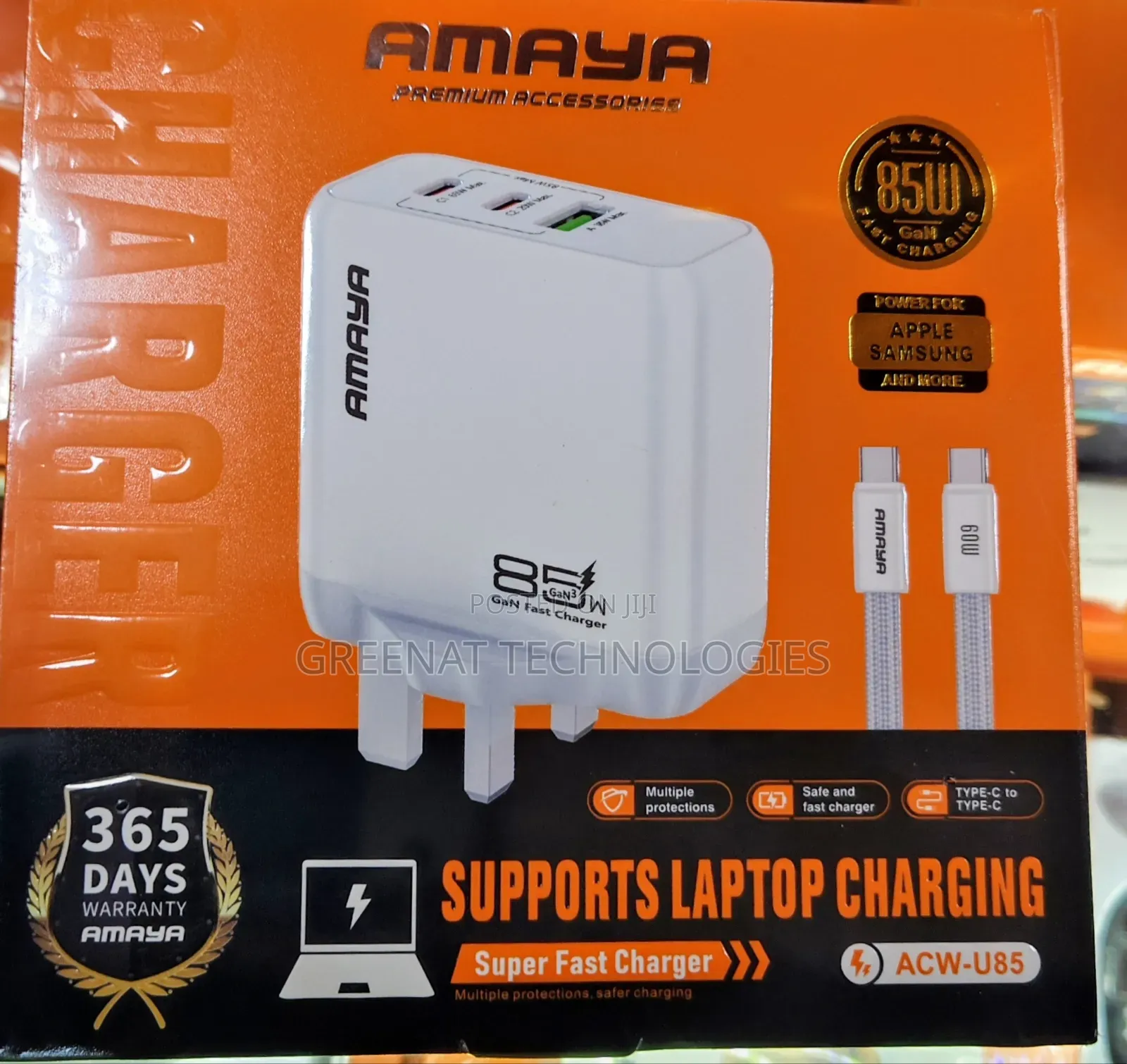 AMAYA 85W GaN Fast Charger 3 Port Laptop Charging 60W Type-C Cable
