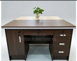 Brown Wood Desk With Lockable Drawers and Side Storage