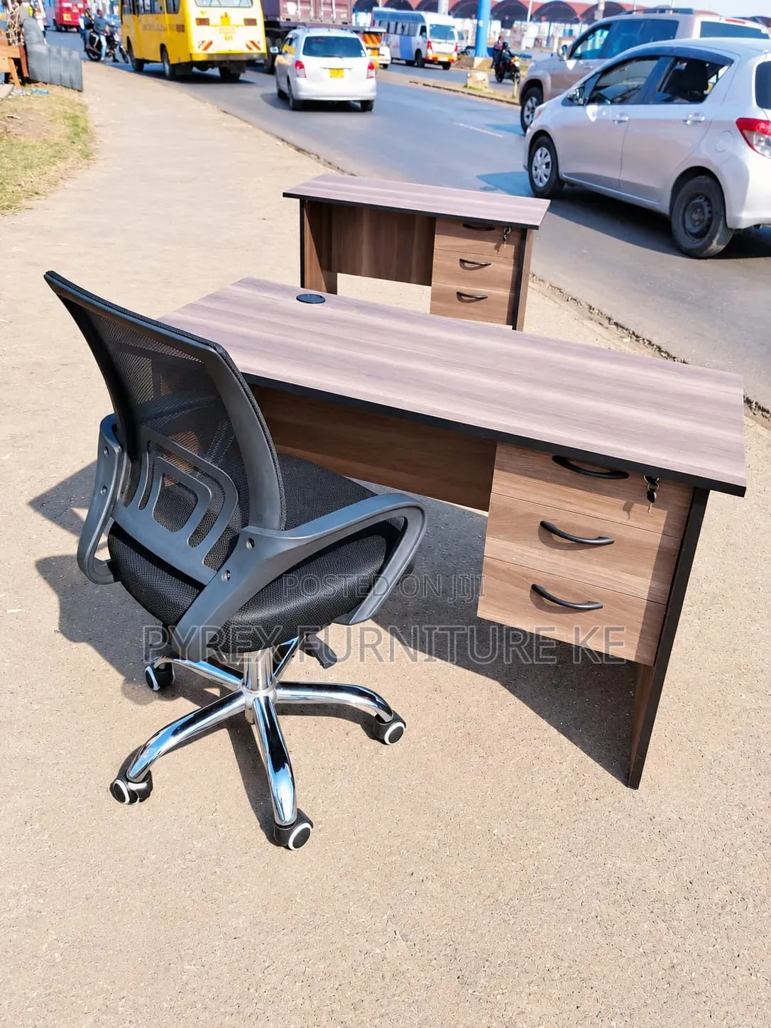 Walnut Brown Office Table With 3 Lockable Drawers + Mesh Chair