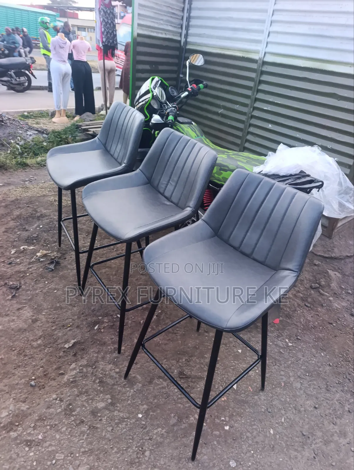 Grey PU Leather High Stool With Black Metal Legs and Channel Back