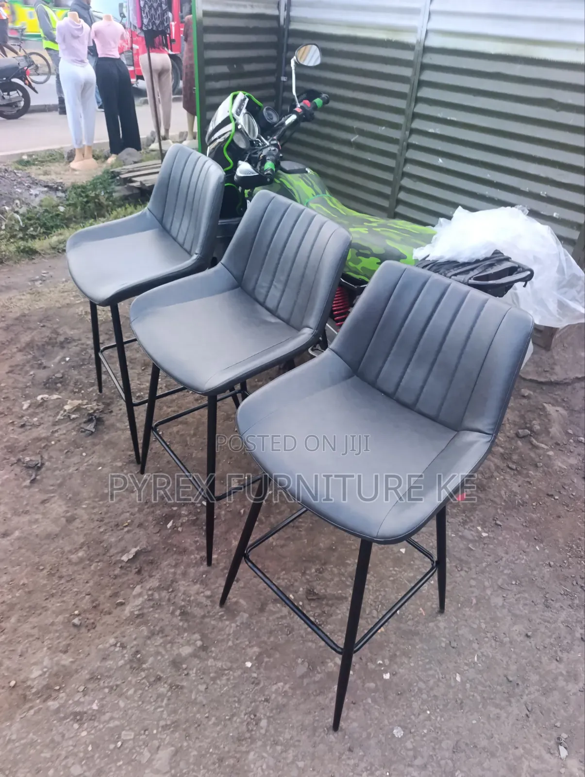 Grey PU Leather High Stool With Black Metal Legs and Channel Back