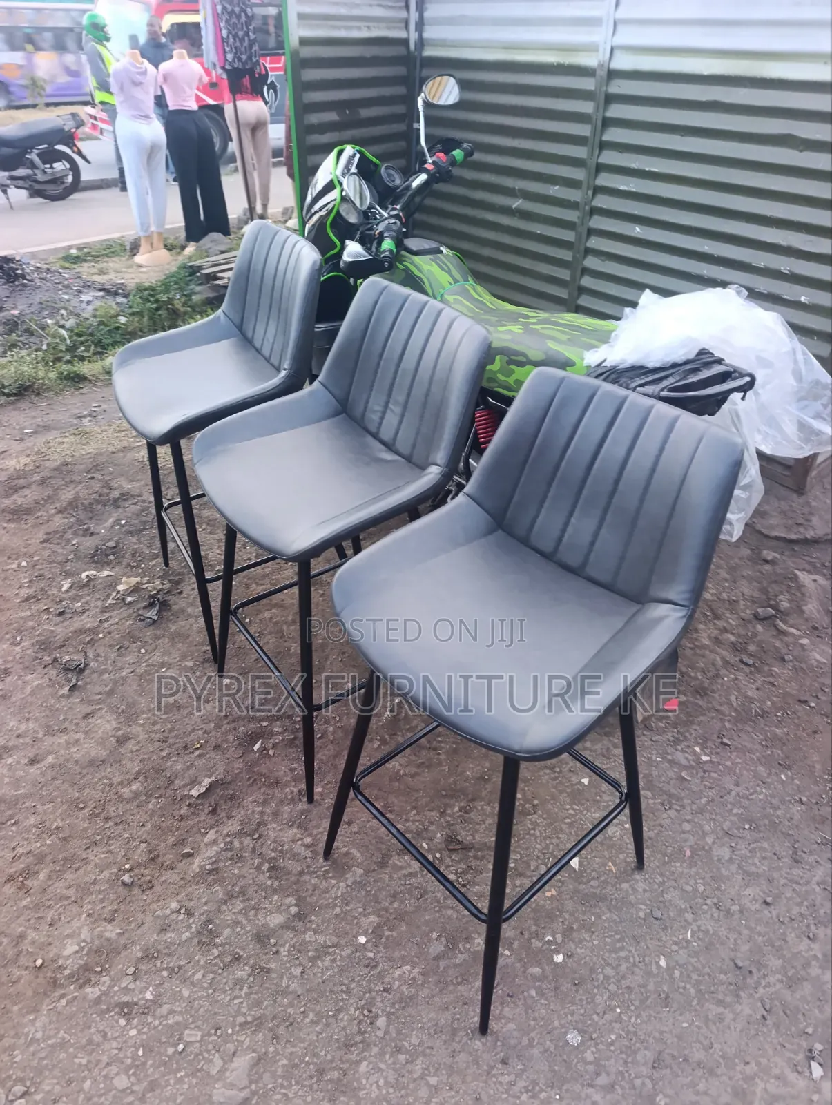 Grey PU Leather High Stool With Black Metal Legs and Channel Back