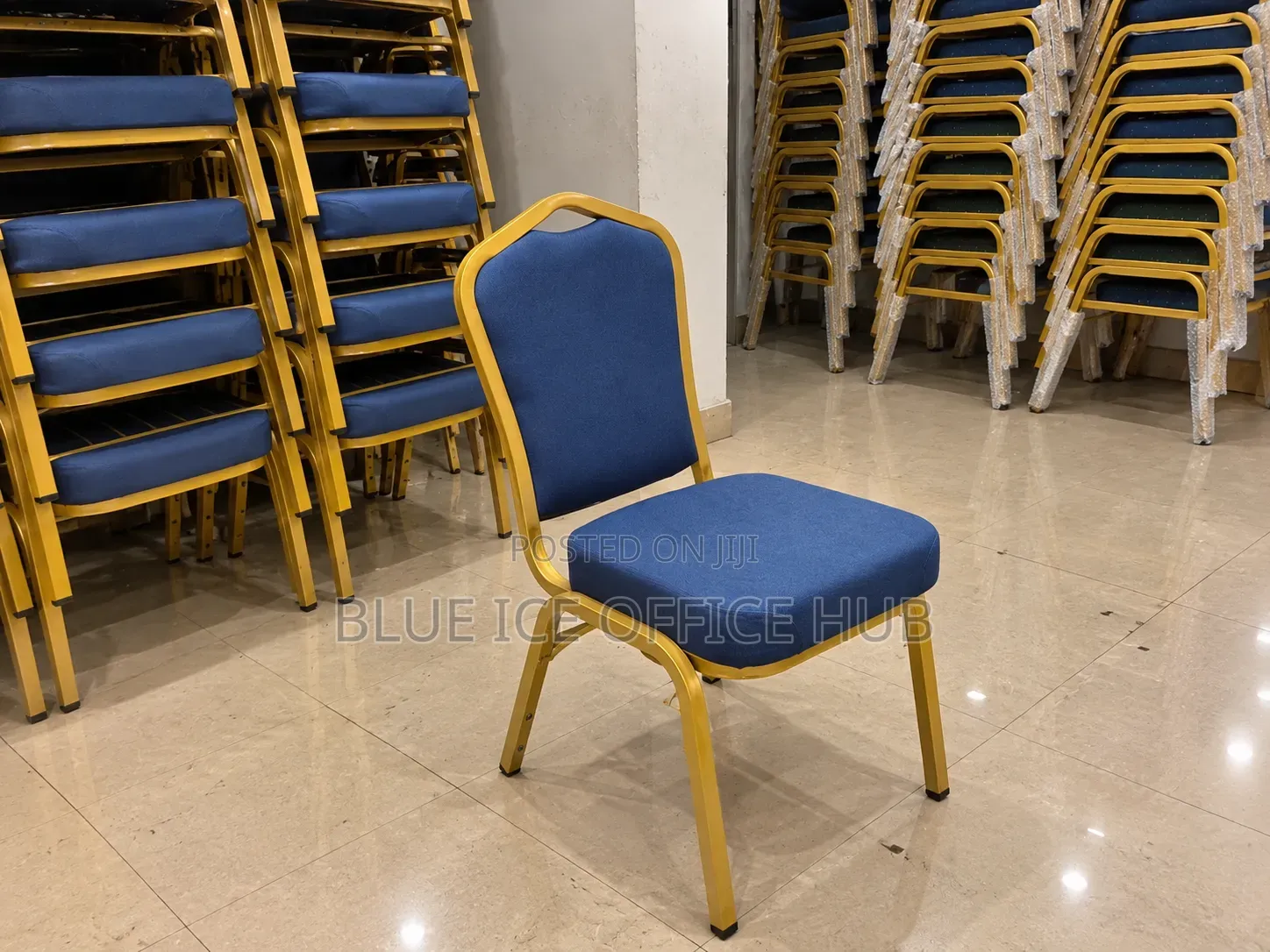 Blue Banquet Chair With Gold Metal Frame for Events and Hotels