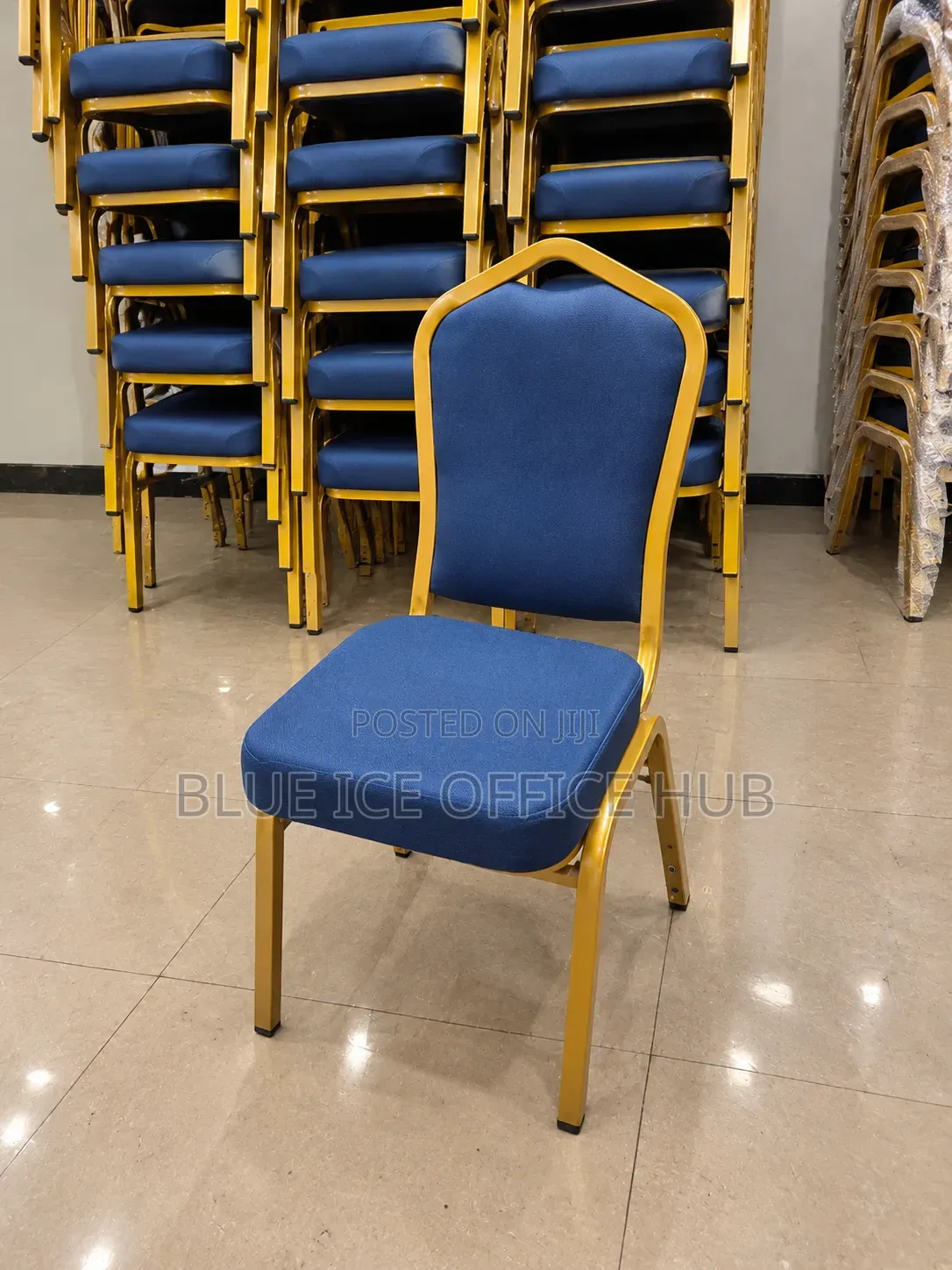 Blue Banquet Chair With Gold Metal Frame for Events and Hotels