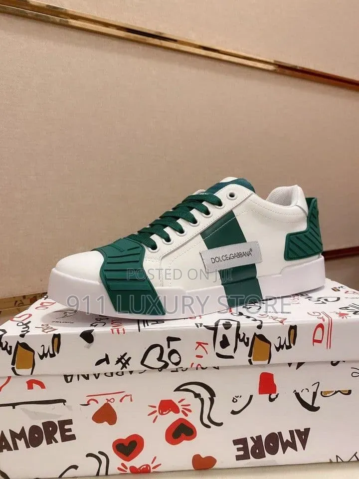 Dolce & Gabbana White Leather Sneakers With Green Accents