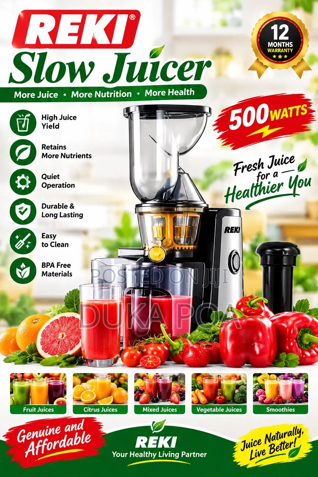 Reki Slow Juicer 500W Slow Juicer Extractor