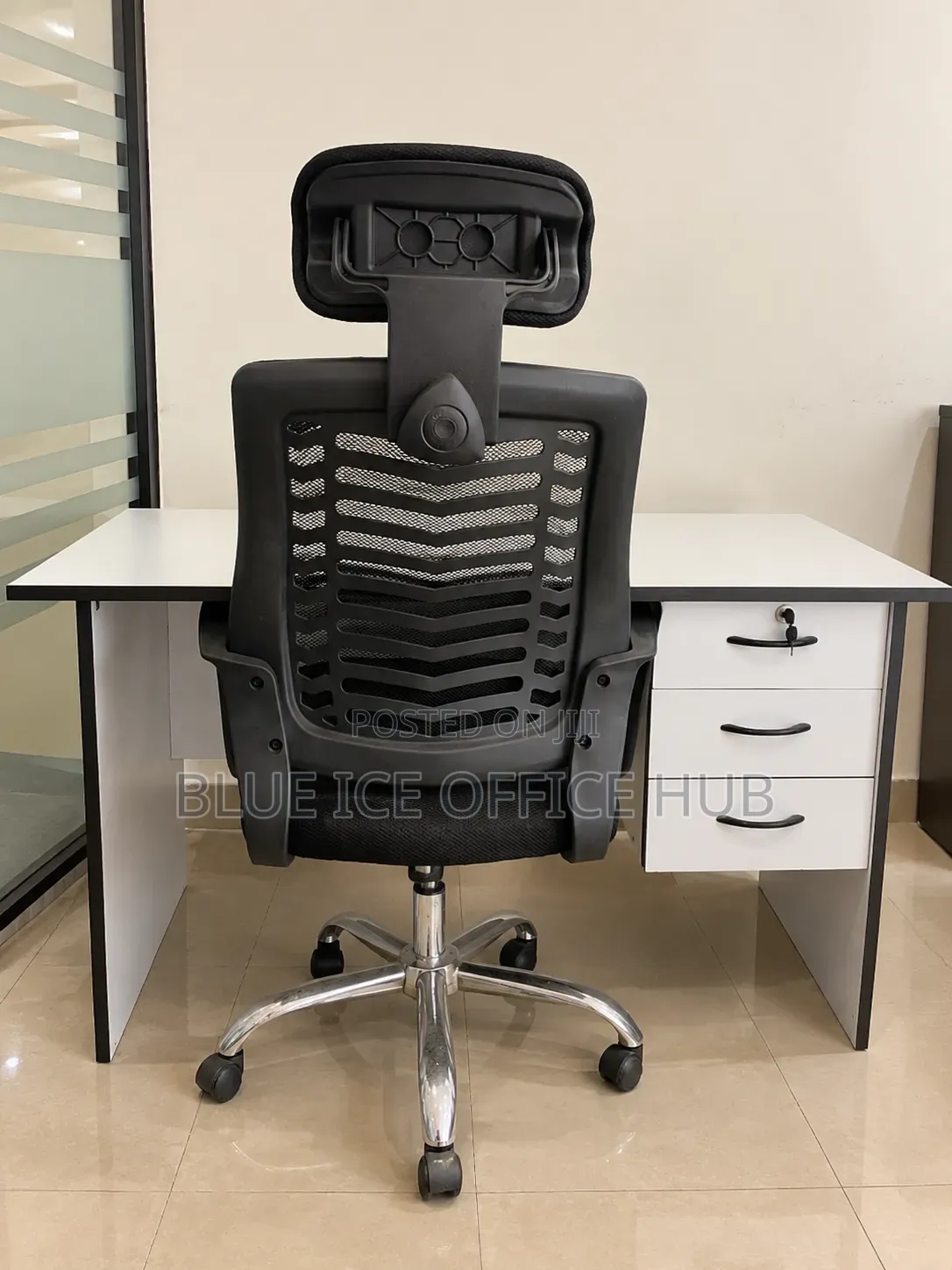 White Office Desk With Black Ergonomic Mesh Chair