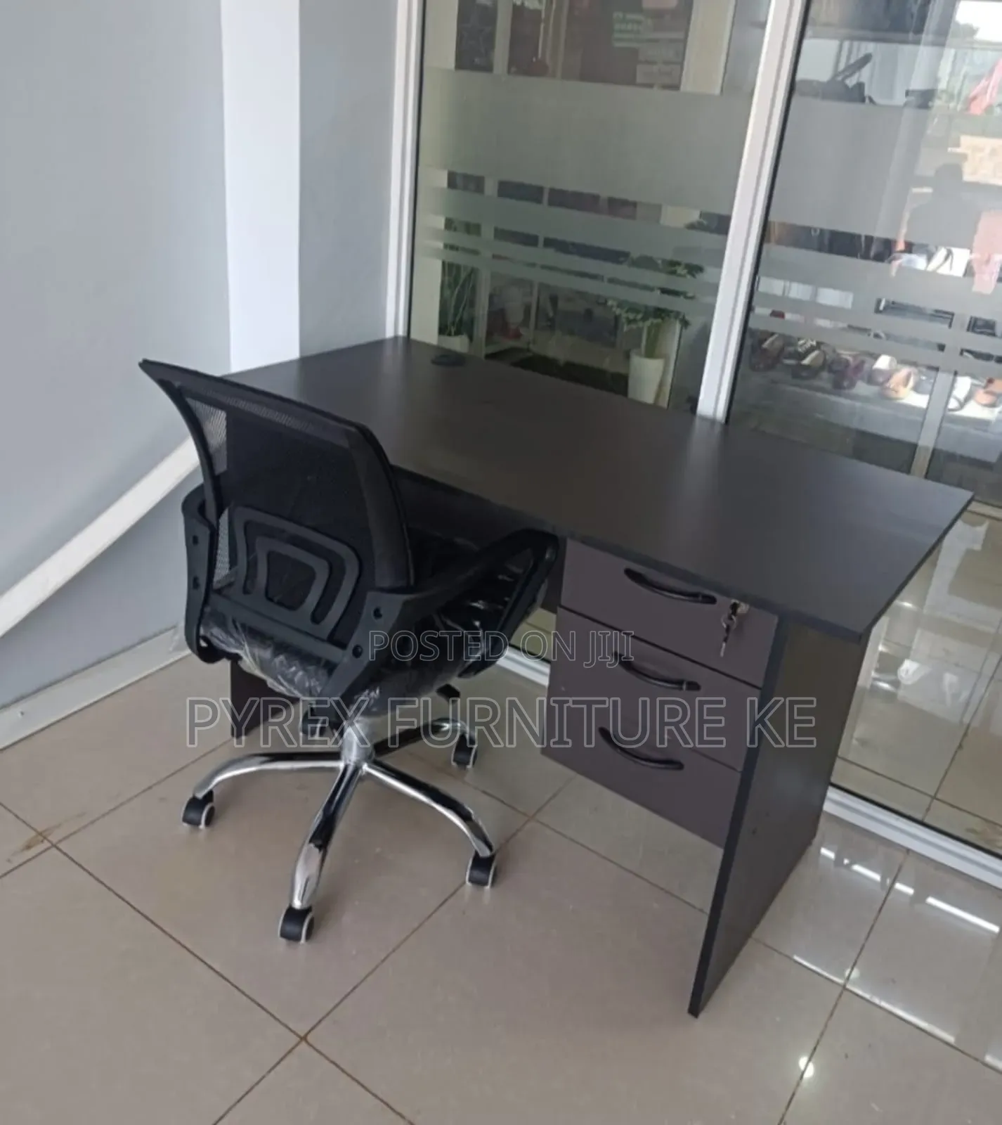 Black Rectangular Work Desk With Lockable Pedestal and Office Chair