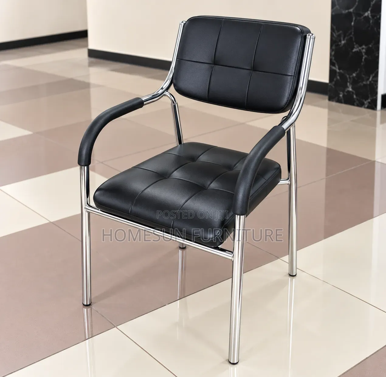 Office Chair – Luxury Black Leather Guest Chair With Chrome Legs