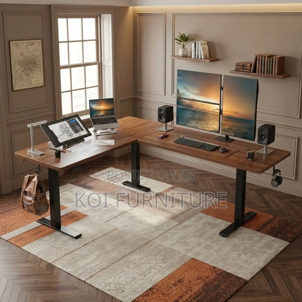 1.4 Meter L Shaped Desk | Brown Adjustable Electric Computing Table